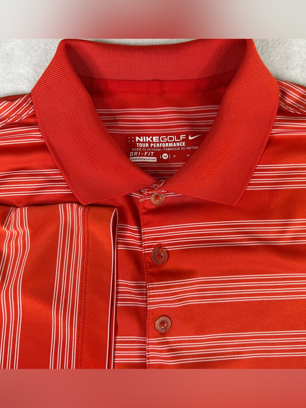Nike Golf Polo Mens Medium Orange Striped Tour Performance Short Sleeve Dri Fit